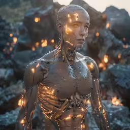 a person standing in the middle of an array of rocks