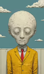 an alien wearing a suit stands in front of a building