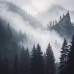 mountains shroud by thick fog and trees