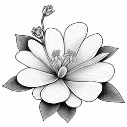 the outline of a flower, in black and white,a flower with large leaves and flowers on it,the flower of the lily drawing is drawn by hand,a pencil drawing of a flower,a flower is drawn with pen