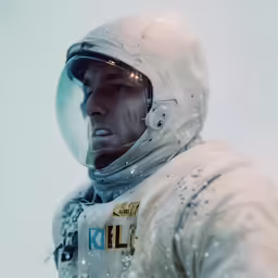 the man is wearing a white snowsuit and wearing a helmet