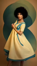 woman in yellow dress standing by a graphic sign