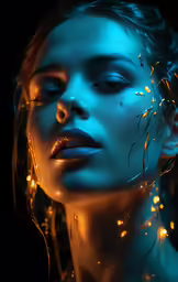 an illuminated woman in blue light with a necklace on