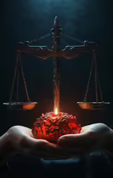 person holding out a red heart in front of scales of justice