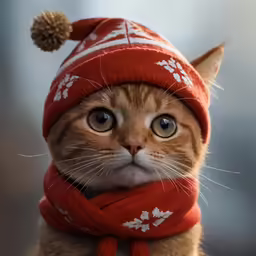 a brown and white cat wearing a red scarf, hat, and scarf around its neck