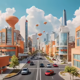 a city has lots of tall buildings on both sides of the street and a blue sky with clouds in the background