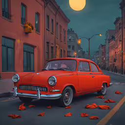 a red car in an old rundown town is covered by a blood - soaked blanket,a car parked on the side of a road surrounded by red flags