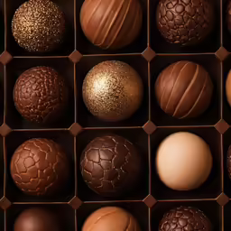 the large assortment of chocolates is decorated in gold