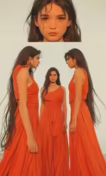 four images of different models with a girl wearing an orange dress