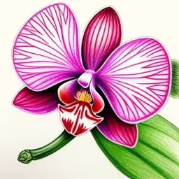an artistic drawing of a pink flower,a drawing of a pink flower with green leaves