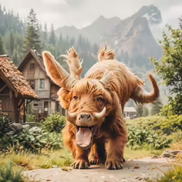 a shaggy dog with horns running outside