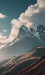 mountains, clouds and water with an image in the foreground