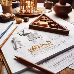 a table topped with a drawing and pencils