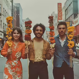 three young people holding up flower decorations on a sidewalk