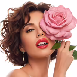 woman with rose in hair holding pink rose