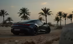 a sports car is parked on the street in the desert