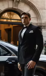 a man in a tuxedo stands next to his car