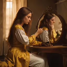 two young girls are sitting at the dressing table
