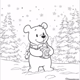 cartoon bear holding a camera while standing in the snow