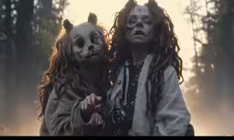 two people in costumes with weird makeup in the woods
