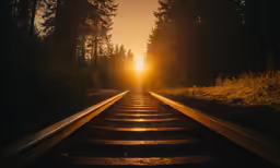 railroad tracks running into the sunset light, with sun peeking through the trees