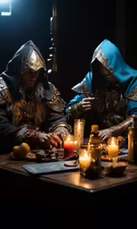 a couple of men dressed in medieval clothing sitting down