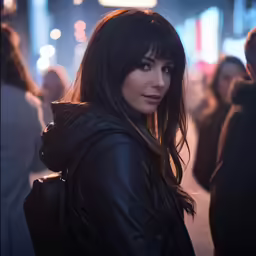 a woman in black jacket posing for the camera