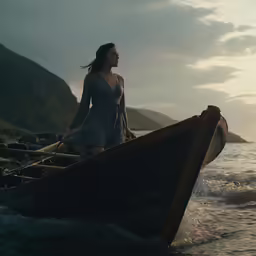 woman in long dress carrying wooden boat on waterside