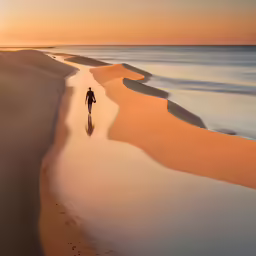 a person is walking down the sand to the ocean