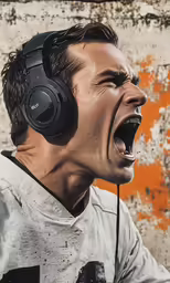 a young man with headphones yells while wearing a headphone