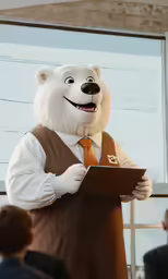 a polar bear is standing up to a microphone