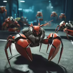 an orange spider is posed with a bunch of other red characters in the background