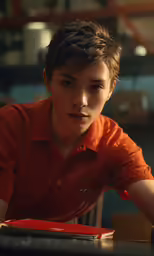 a boy wearing an orange shirt posing for the camera