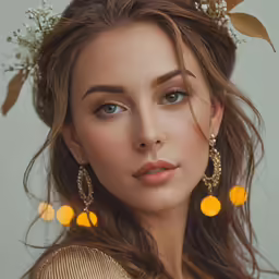 a woman in an artistic photo with yellow beads