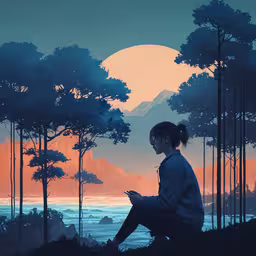 person sitting on cliff near lake and trees in sunset,a woman sitting on a rock looking at a phone