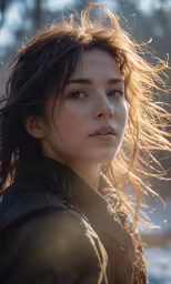 a woman with hair in the wind looking at something