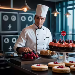 a chef prepares food with desserts and pastries in a large room