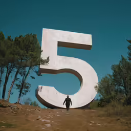 man standing in front of the number five with trees around him
