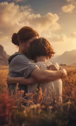 two people are hugging in a field
