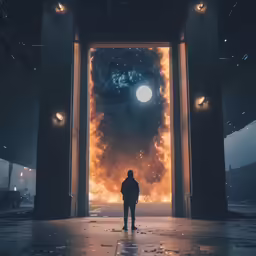 man standing in a dark tunnel with smoke and stars