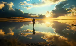 a woman is standing in the reflection of clouds and a sunset