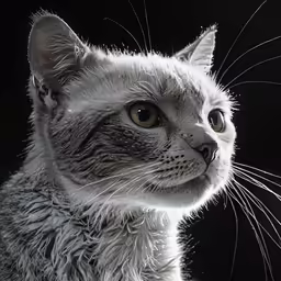 a close - up photograph of a gray cat looking up