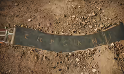 a black skateboard on dirt in the dirt