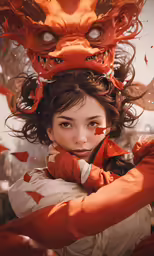a girl with an orange dragon over her head is standing in front of a red background