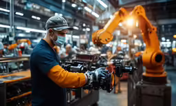 a factory worker is holding a camera, and looking at the machine