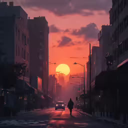 a man walks alone along a city street during the sunset