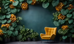 an orange chair and yellow potted plants on a dark green background