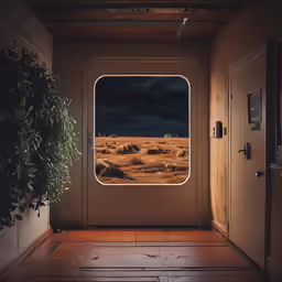 there is an open door to a room that has a night sky outside