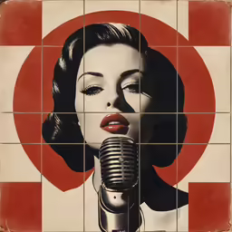 woman with microphone in front of tiled background