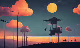 a tower and a line of street lights on a hill at sunset,a sunset with a tower next to a tall line of trees